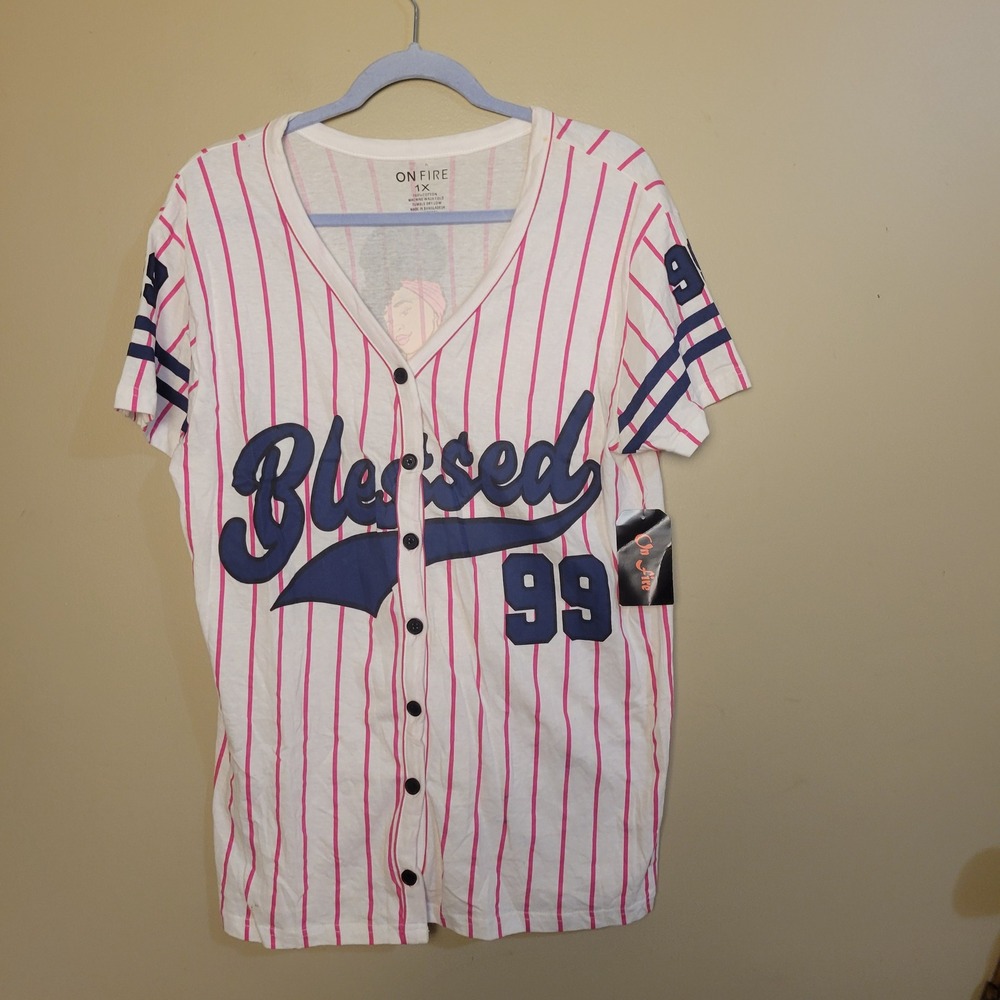 On Fire Baseball Jersey Womens 1X White Pink Blessed 99 NWT Graphic Pinstripe